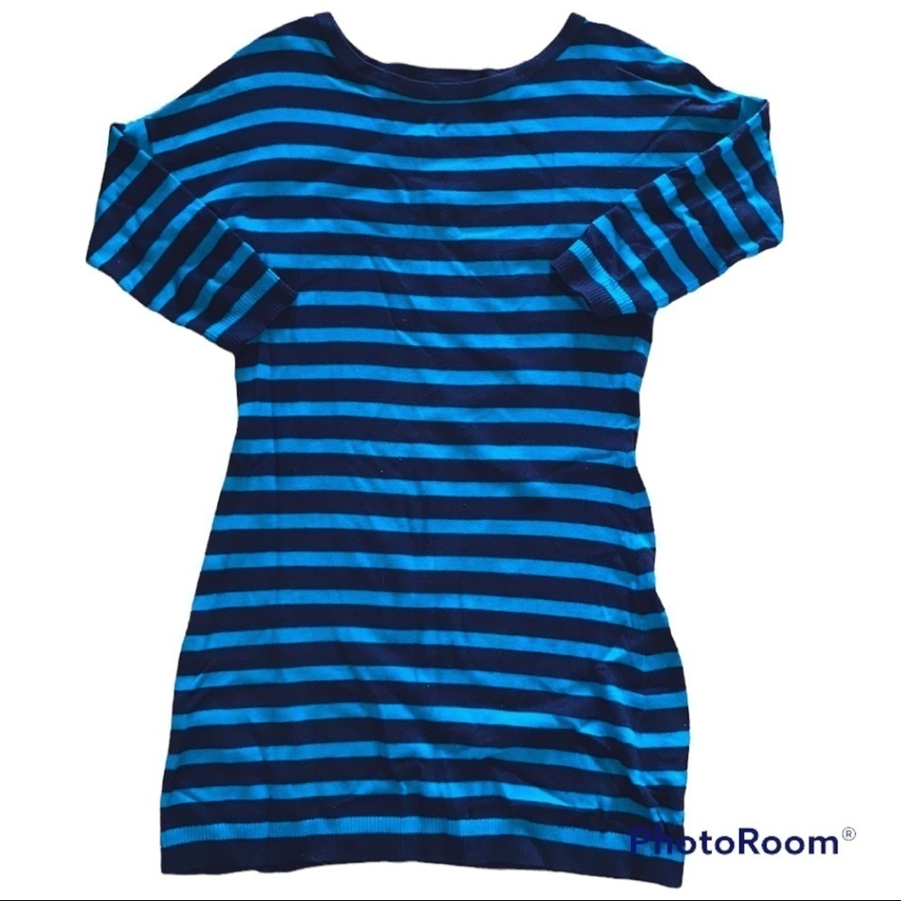 Express Striped Third Quarter Sleeve Navy Teal Mini Dress M